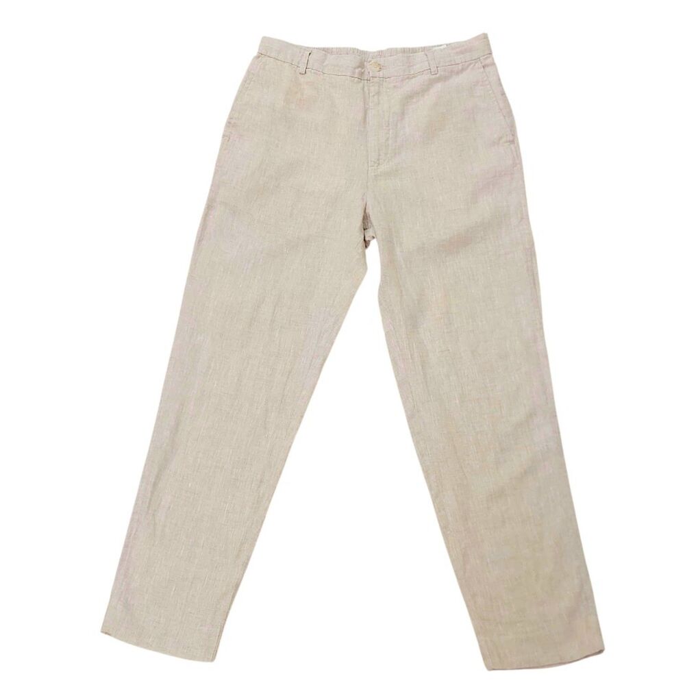 Zara Pants Trousers Mens Large Beige 100% Linen Straight Leg Lounge Beach